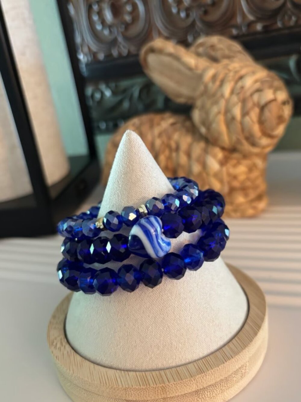Set of 3 Natural Stones Blue Lapis Stretch Bracelets with Heart
